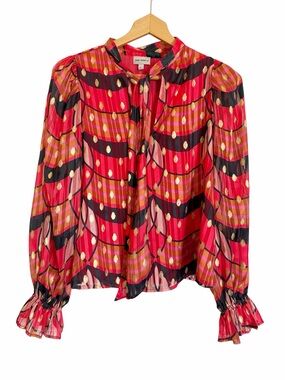 The Odells Elodie Cherry Multi Long Sleeve Tie Front Red Gold Blouse size XS